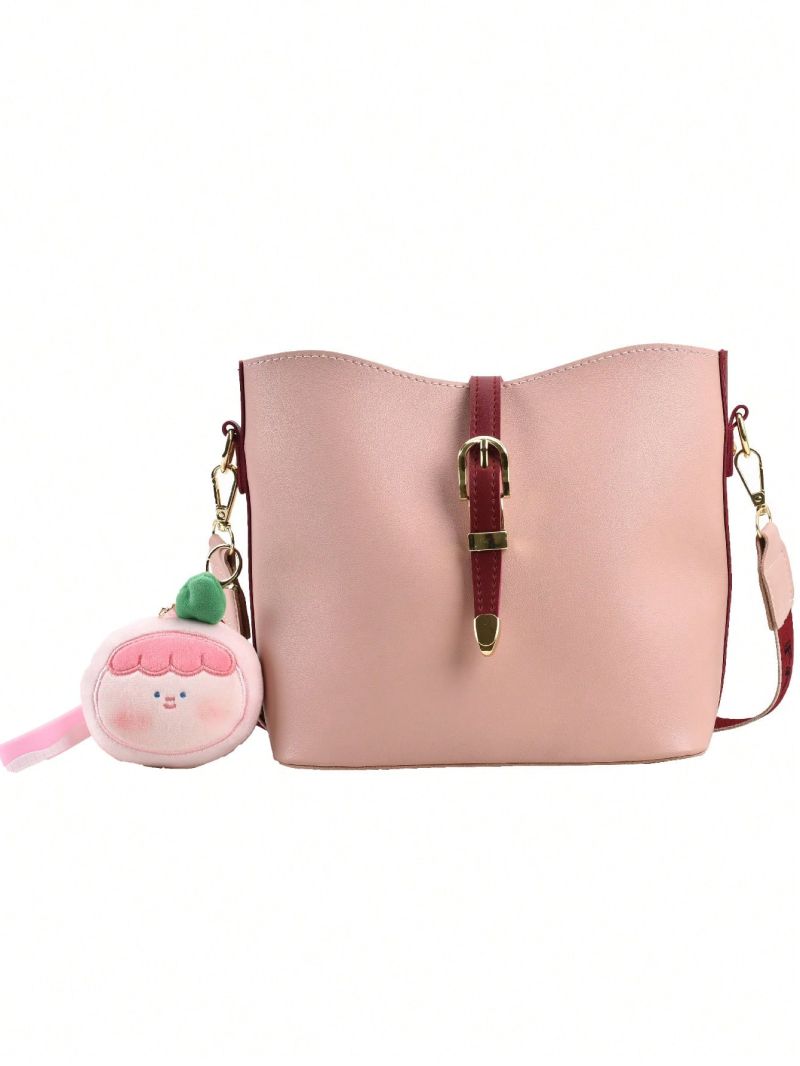 Buckle Decor Bucket Bag With Bag Charm Small