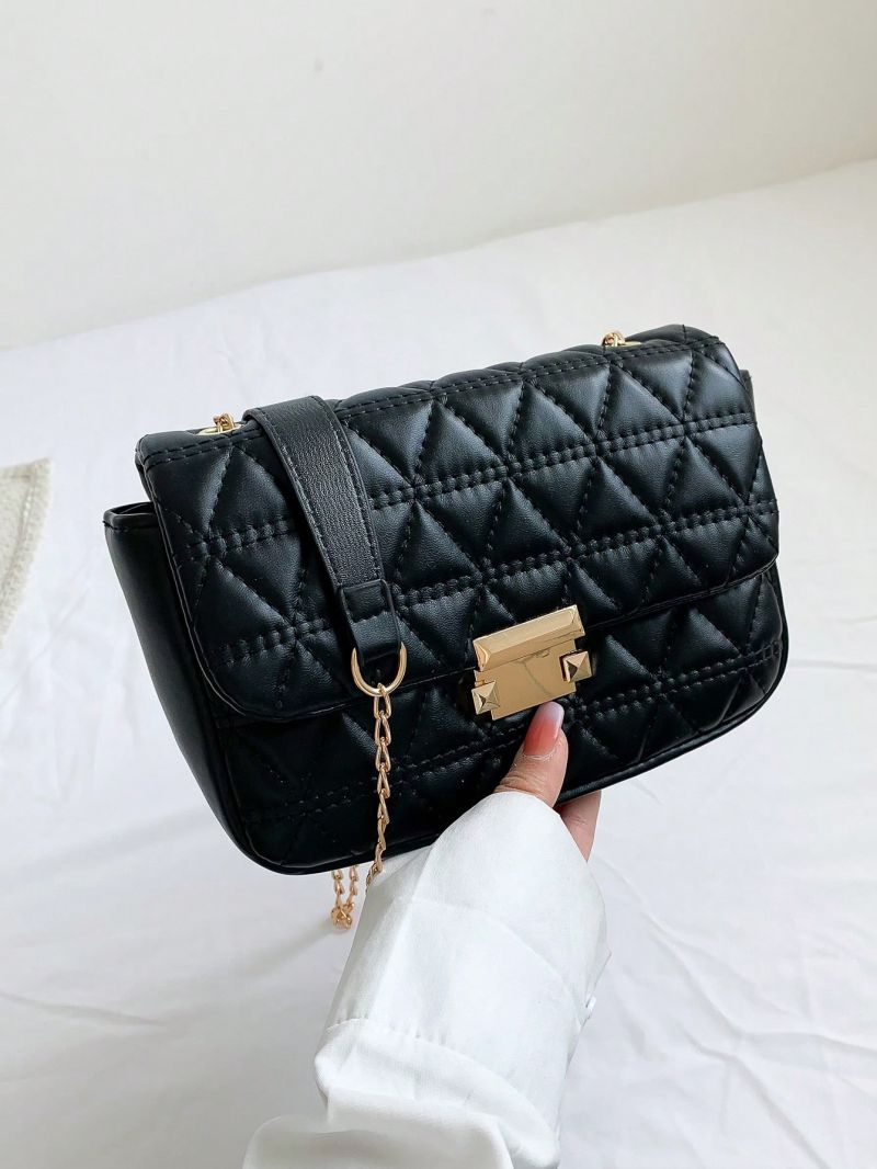 Small Square Bag Fashion Quilted Detail Push Lock Chain Flap PU