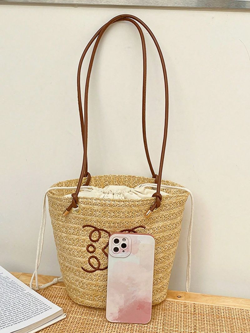 Geometric Embroidery Straw Bag Drawstring Design Double Handle For Vacation