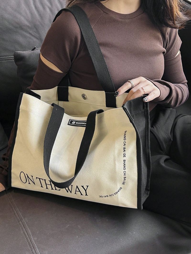 Letter Pattern Shoulder Tote Bag Contrast Binding Casual Double Handle