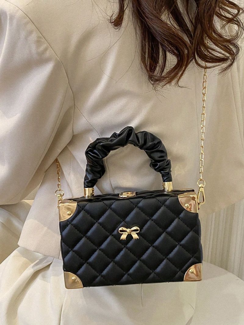 Mini Quilted Bow Decor Chain Box Bag Turn Lock