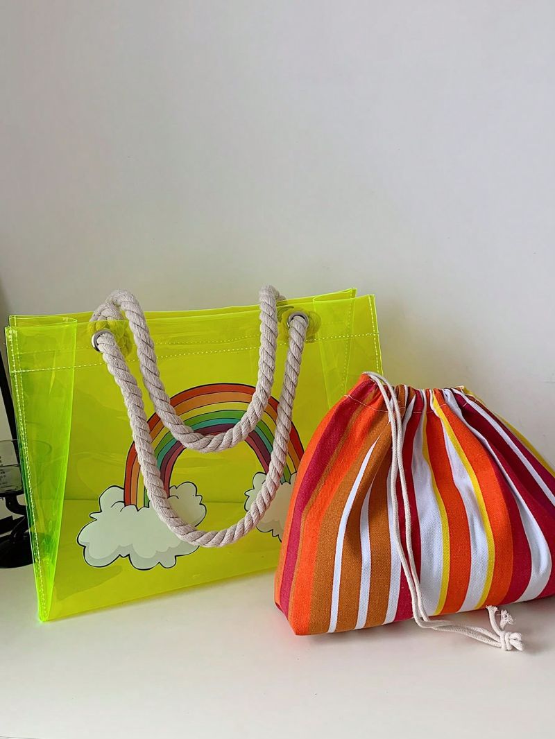 14.2 Inches Long, 5.1 Inches Wide, 10.6 Inches High Transparent PVC Rainbow Graphic Shoulder Tote Bag With Inner Pouch