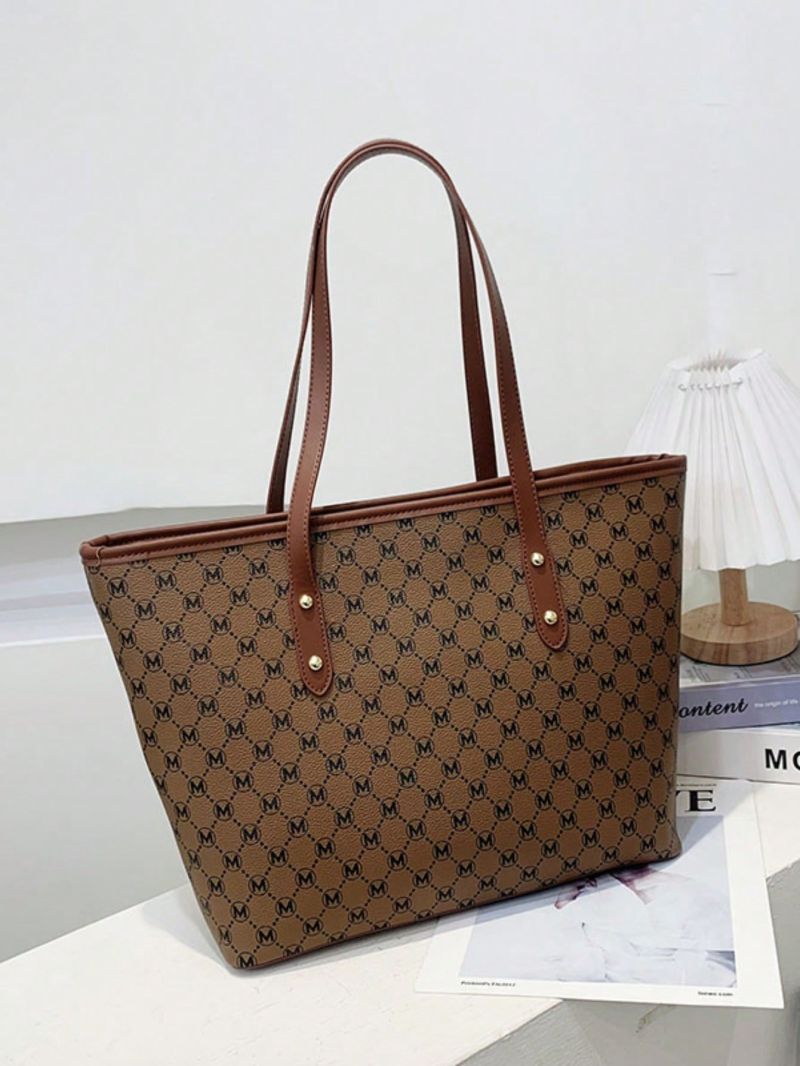 Allover Print Shoulder Tote Bag Large Capacity Contrast Binding