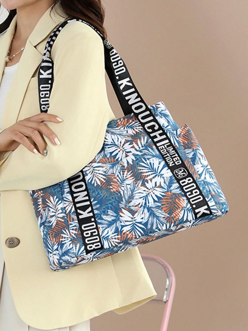 Tropical Print Shoulder Tote Bag Letter Tape Decor