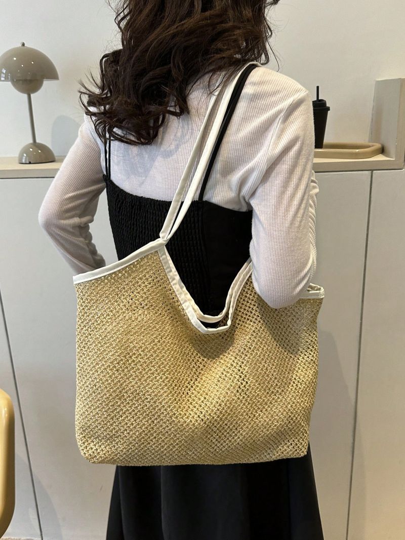 Contrast Binding Straw Bag Double Handle Hollow Out