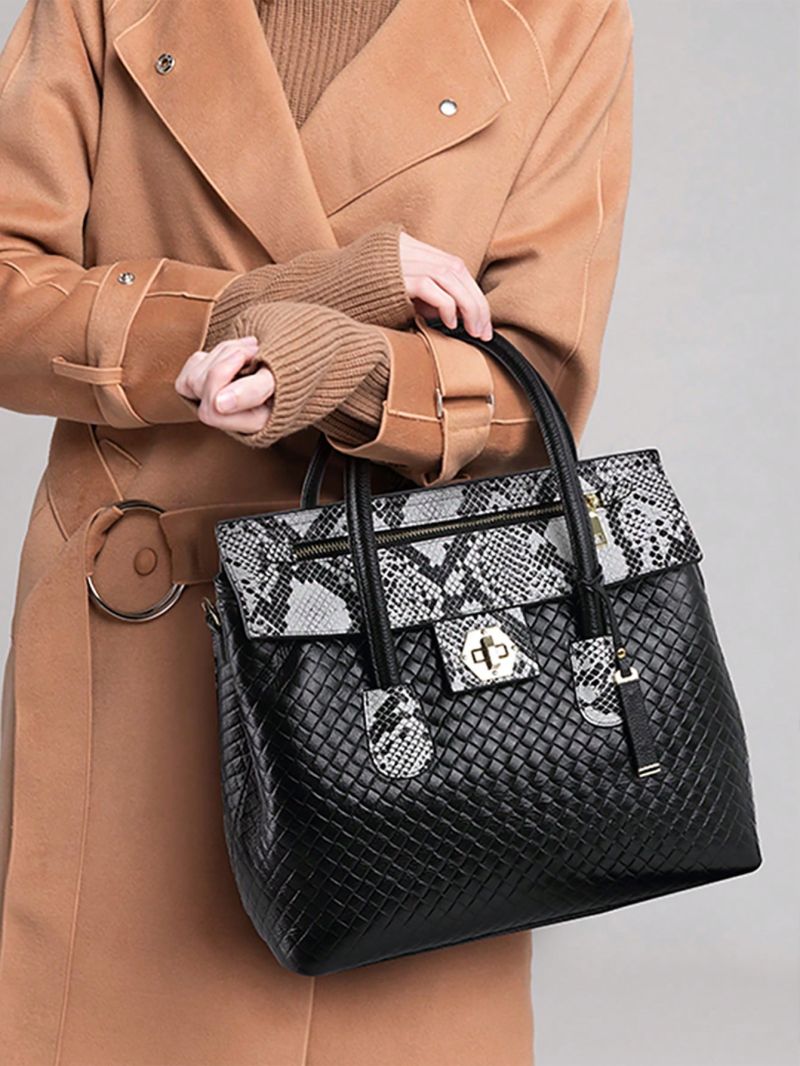 Snakeskin Embossed Twist Lock Flap Tote Bag Genuine Leather