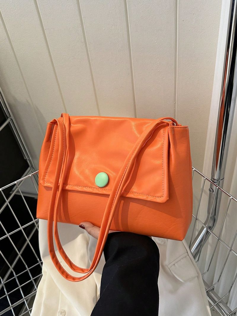 Neon Orange Flap Tote Bag Button Decor