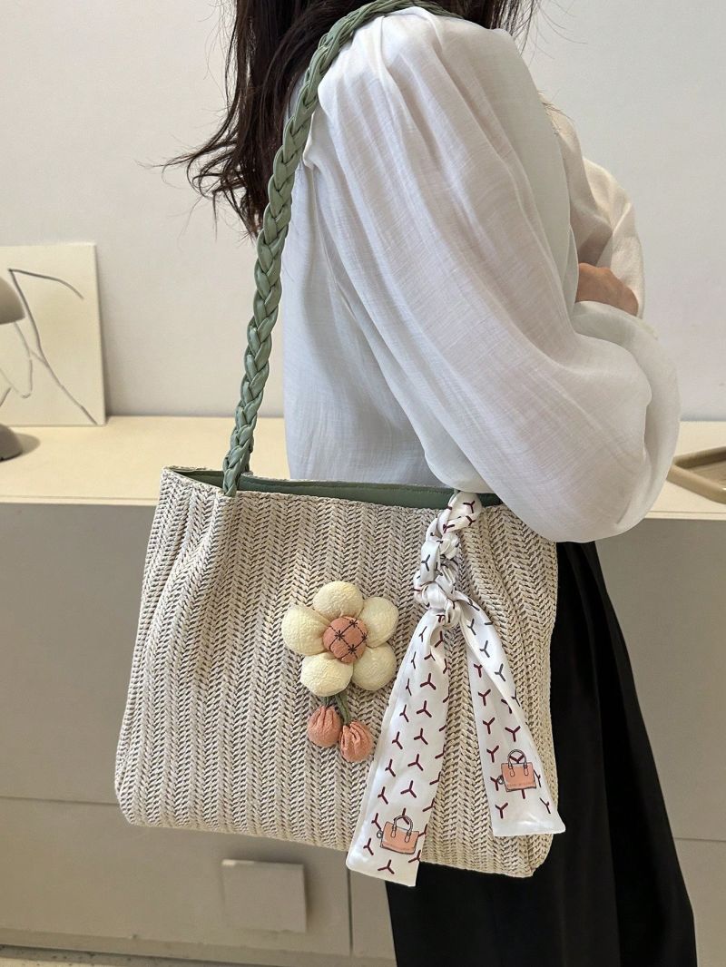 Flower & Twilly Scarf Decor Straw Bag Vacation
