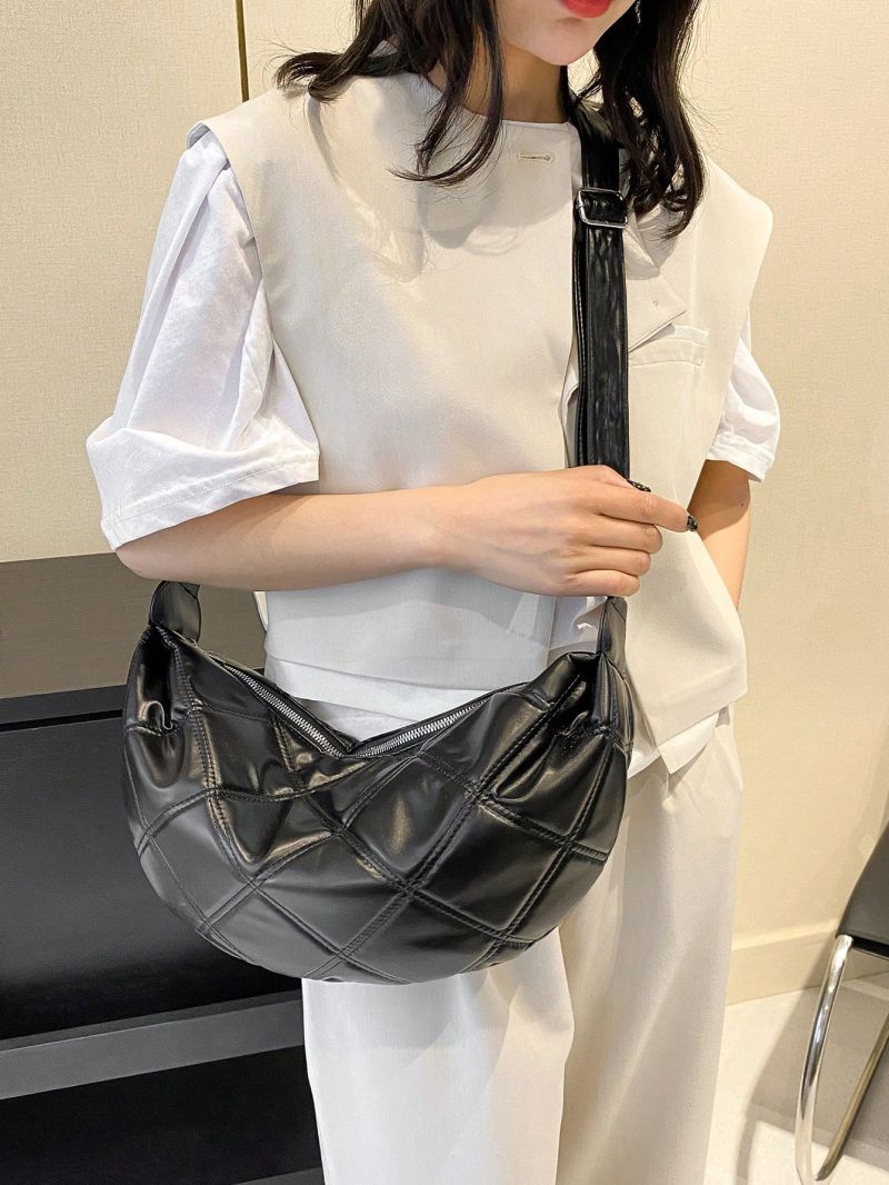 Quilted Pattern Hobo Bag Medium Zipper Black