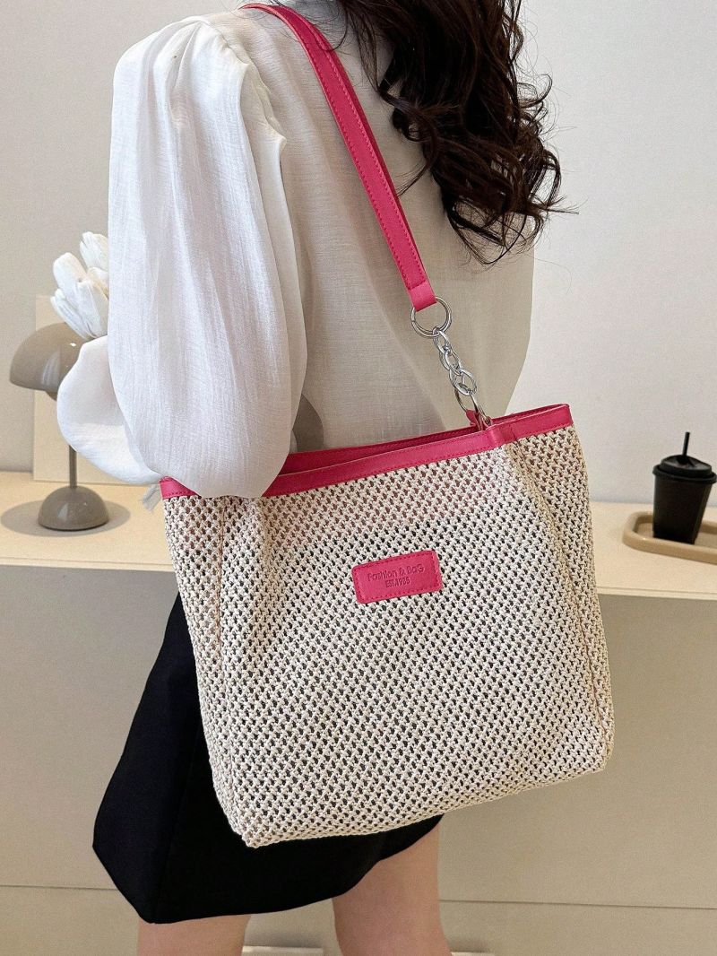 Patch Decor Straw Bag Hollow Out Zipper Fashion