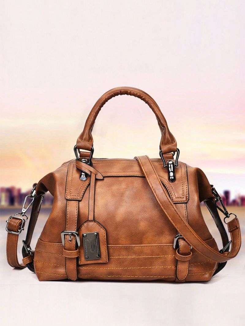 Vintage Boston Handbag, Small Tote Bag, Women's Pu Brown Bag