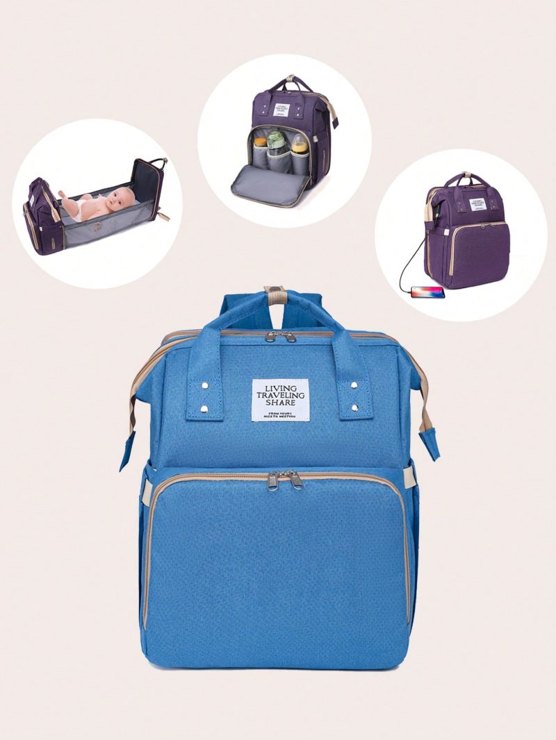 Fashionable Classic Backpack With USB Cable Letter Patch Decor Zipper Polyester