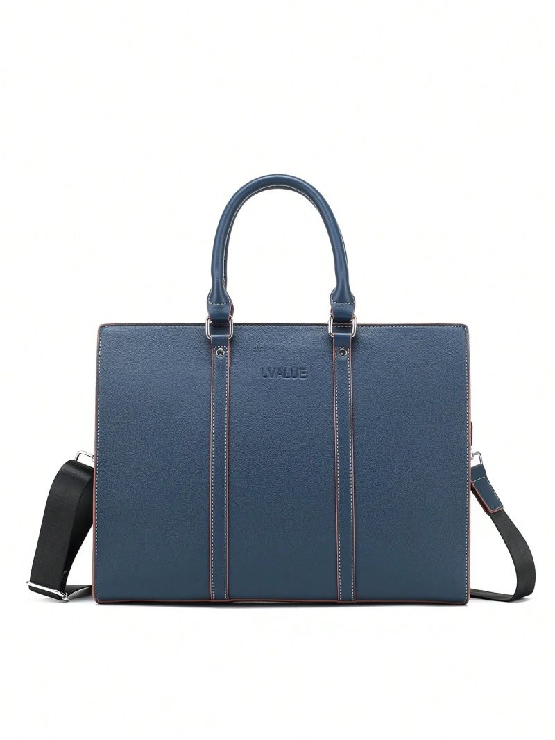 Litchi Embossed Briefcase Blue PU Double Handle