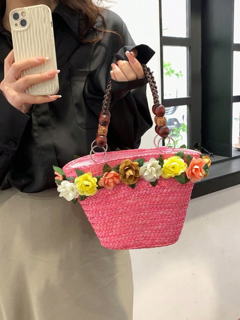 Mini Straw Bag Vacation Flower & Bead Decor Double Handle
