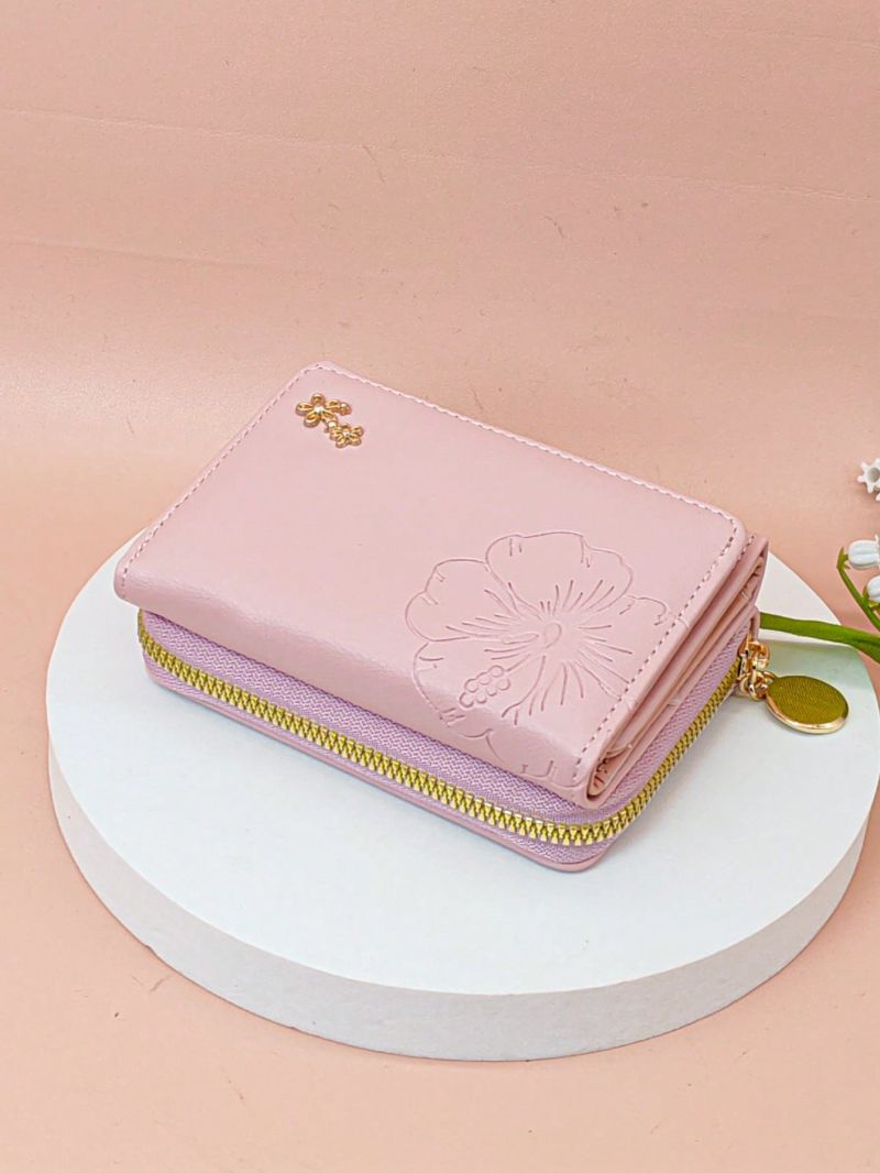 Flower Embossed Small Wallet Trifold Multi-Function With Zipper