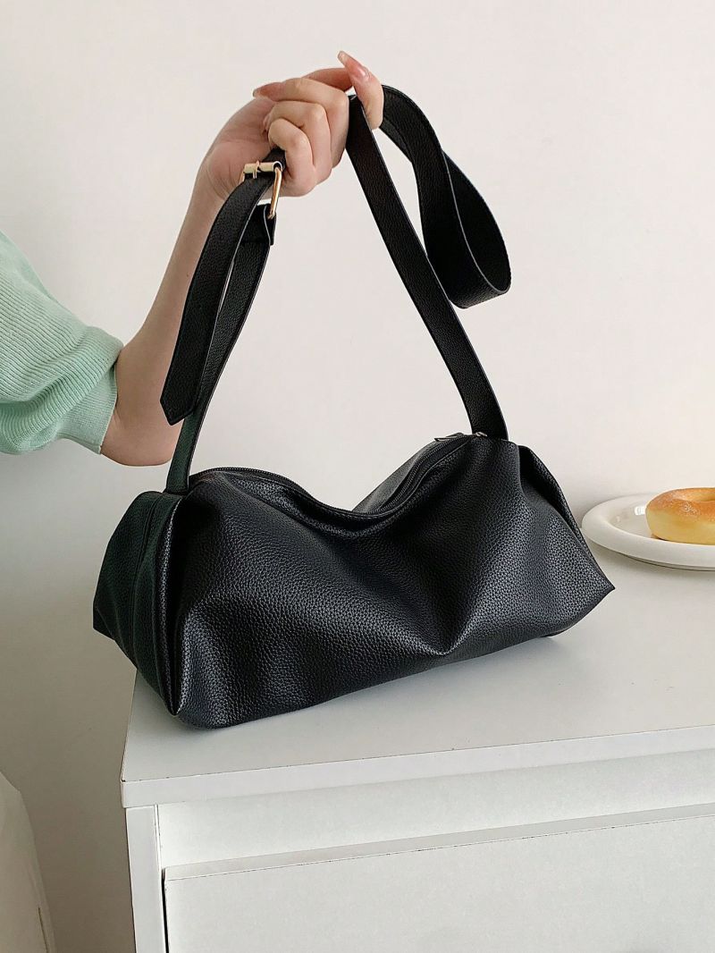 Litchi Embossed Hobo Bag PU Black Elegant