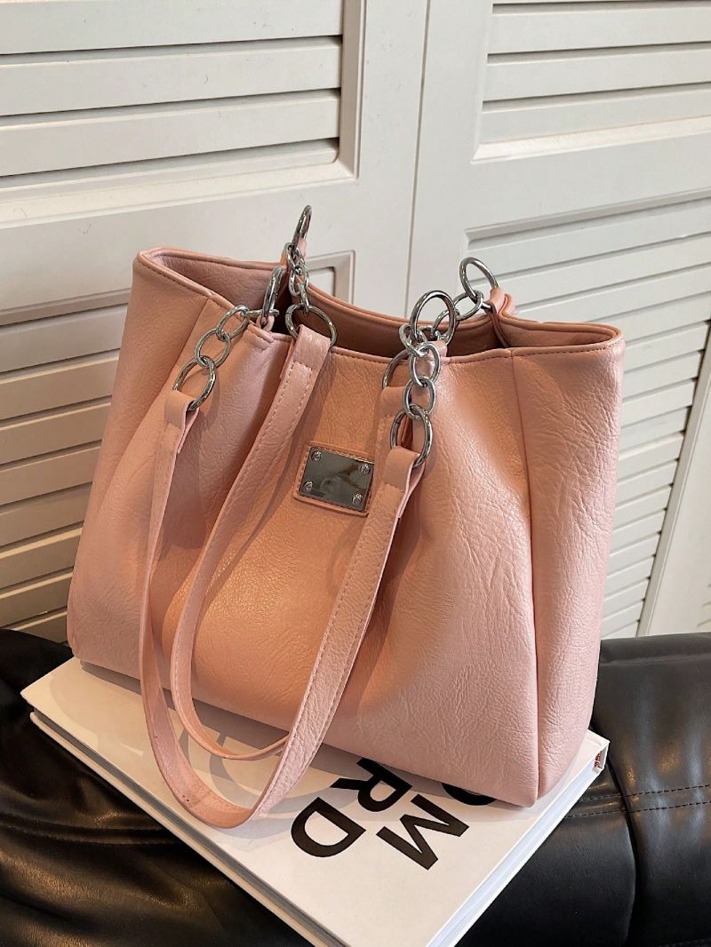 Patch Detail Shoulder Tote Bag Metallic PU Funky