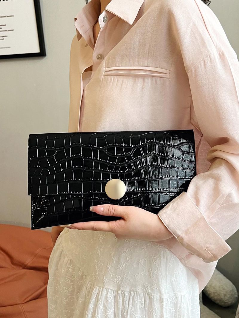 Crocodile Embossed Envelope Bag PU Black Elegant