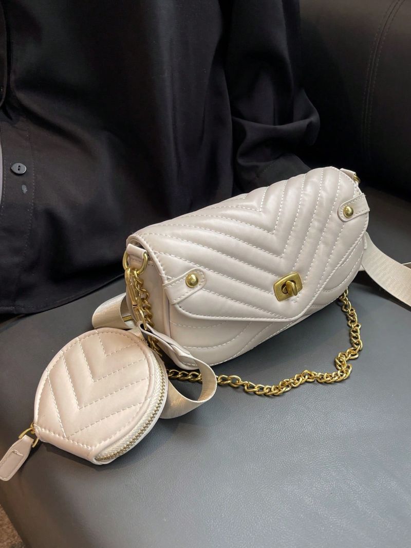 Chevron Quilted Twist Lock Flap Chain Square Bag With Coin Purse