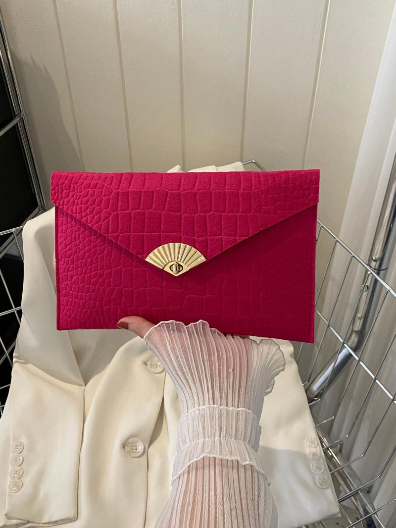 Crocodile Embossed Felt Handbag, Metal Decor Envelope Bag, Trendy Clutch Purse For Women