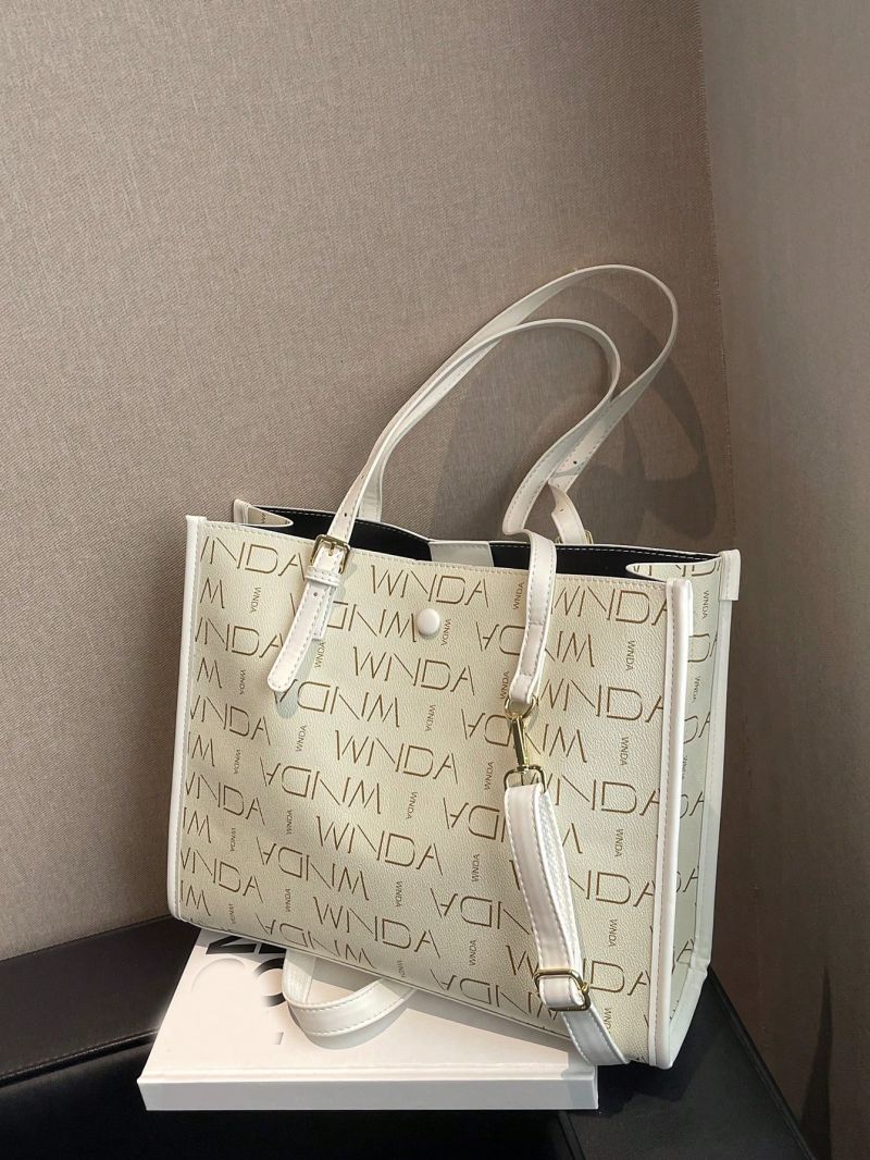 Small Shoulder Tote Bag Letter Graphic Button Decor