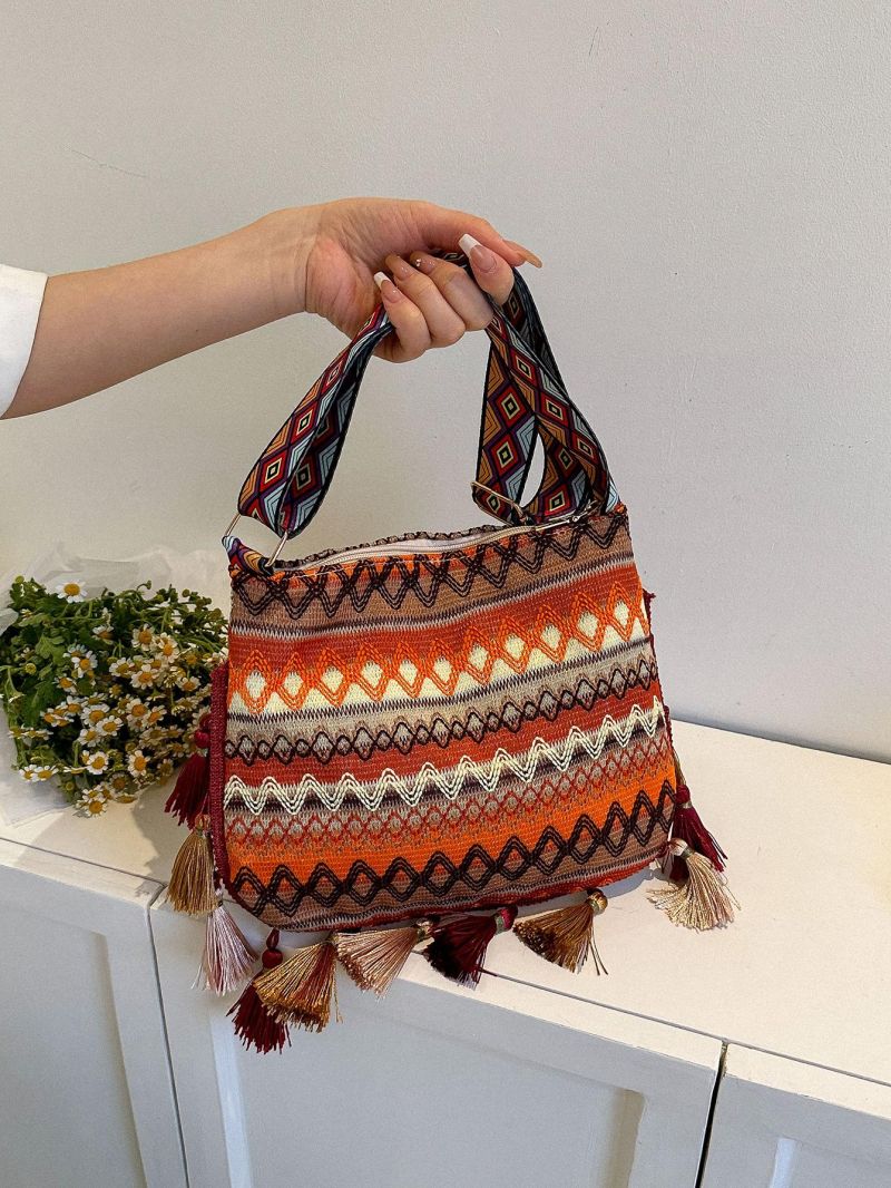 Geometric Pattern Square Bag Tassel Decor Fashionable Adjustable Strap