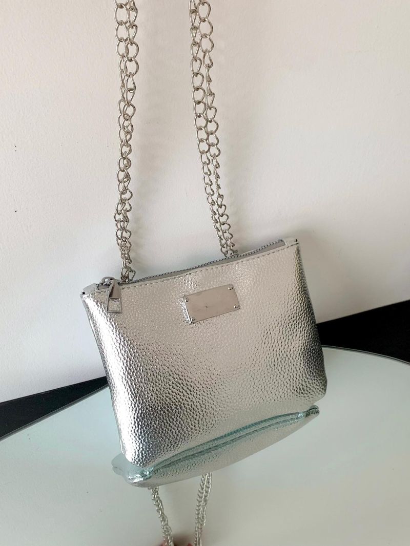 Mini Litchi Embossed Square Bag Metal Decor Silver Funky Chain Strap