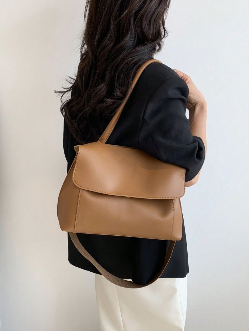 Small Flap Shoulder Bag Solid Brown Minimalist