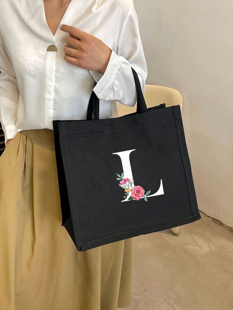 Medium Shopper Bag Letter & Floral Graphic Preppy