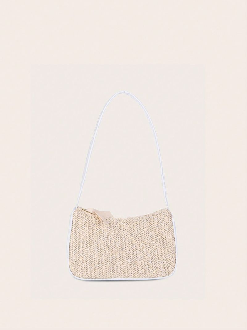 Small Two Tone Straw Bag With Zipper Vacation