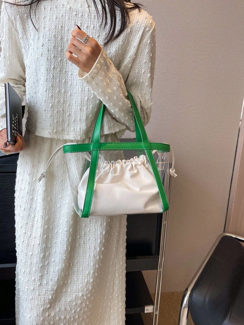 Contrast Binding Shoulder Tote Bag Drawstring Design With Inner Pouch