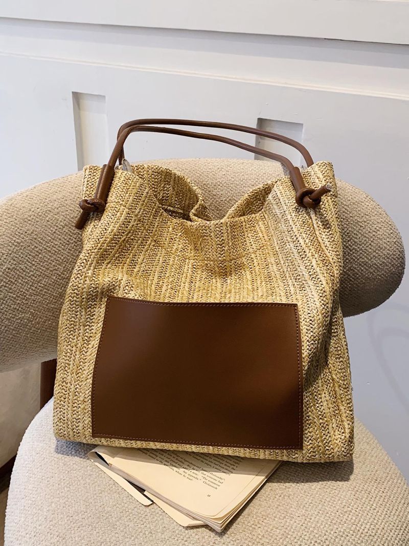 Two Tone Straw Bag Large Capacity Vacation Style