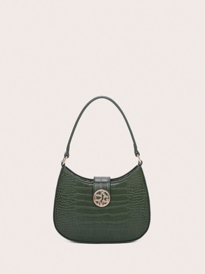 Crocodile Embossed Hobo Bag Metal Decor Elegant PU