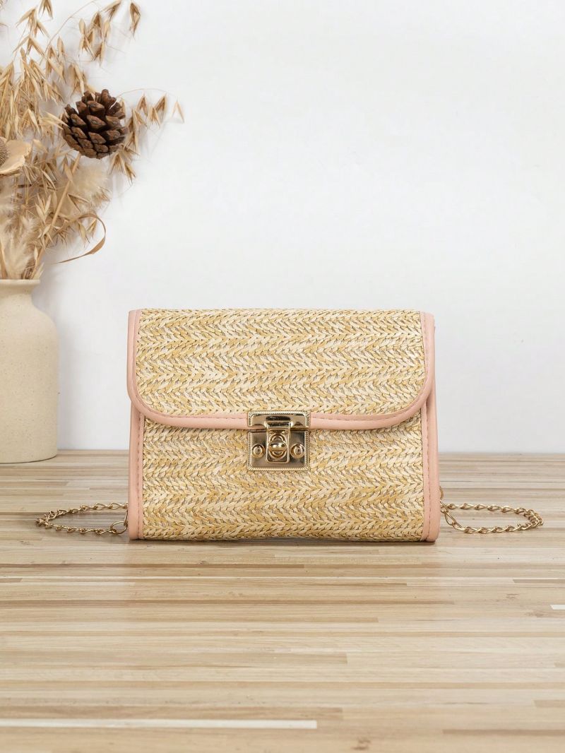 Mini Contrast Binding Flap Straw Bag Vacation Twist Lock