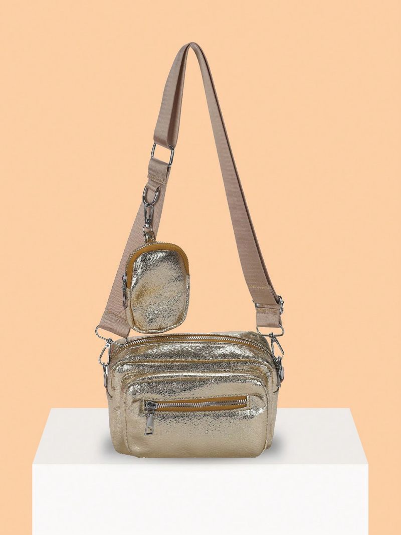 Mini Square Bag Zipper Metallic PU Funky With Coin Purse